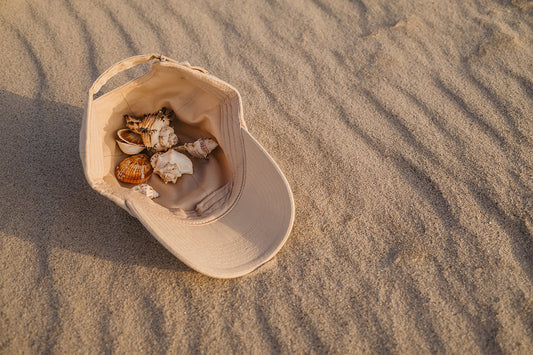 Shells collected in a beige cap on sunlit sand