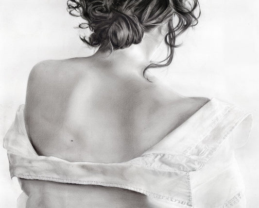 Figurative realistic drawing by Veronica Colanero. "White", showing fabric and human presence